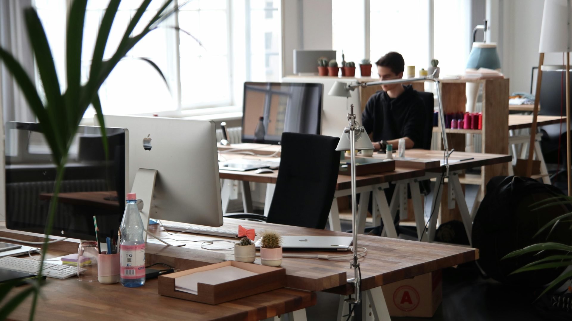 Bureau ouvert avec décor moderne et éclairage naturel, idéal pour la productivité.